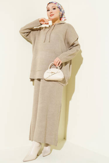 Yelekli Jile Elbise Triko İkili Takım Vizon - İkili Takım