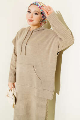 Yelekli Jile Elbise Triko İkili Takım Vizon - İkili Takım