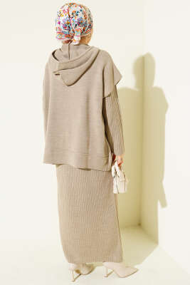 Yelekli Jile Elbise Triko İkili Takım Vizon - İkili Takım