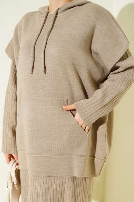 Yelekli Jile Elbise Triko İkili Takım Vizon - İkili Takım