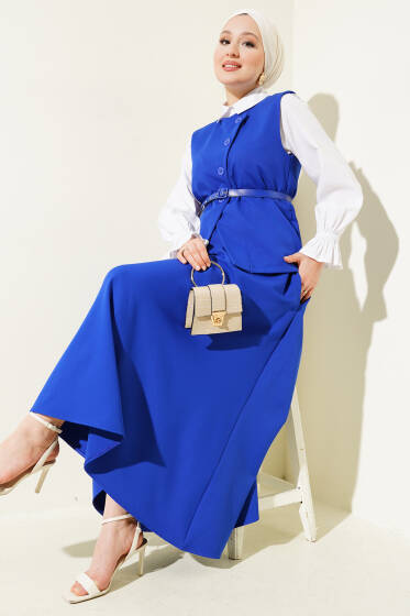 Yelekli Kemerli Etekli Basic İkili Takım Saks - İkili Takım