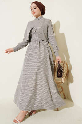 Yelekli Pötikare Desen Kuşaklı Elbise Hardal - ZAMANE (QSS)