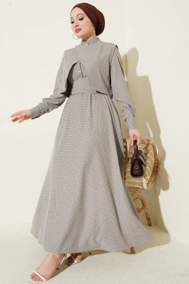 Yelekli Pötikare Desen Kuşaklı Elbise Hardal - Elbise