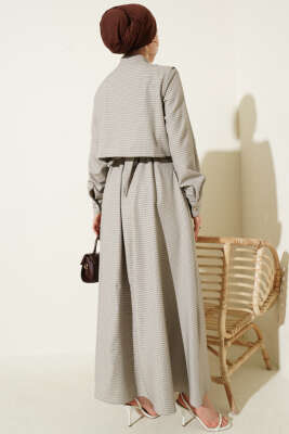 Yelekli Pötikare Desen Kuşaklı Elbise Hardal - Elbise