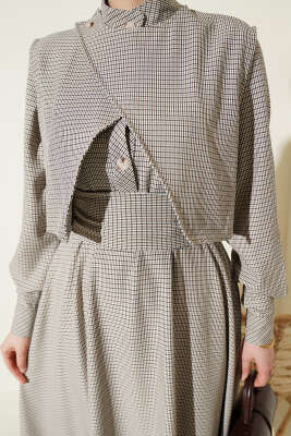 Yelekli Pötikare Desen Kuşaklı Elbise Hardal - Elbise