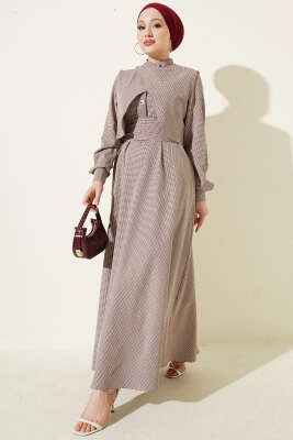 Yelekli Pötikare Desen Kuşaklı Elbise Lacivert - ZAMANE (QSS)