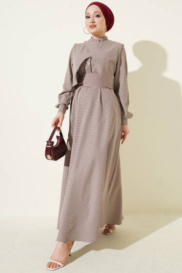 Yelekli Pötikare Desen Kuşaklı Elbise Lacivert - Elbise