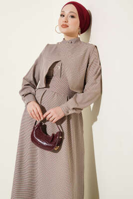 Yelekli Pötikare Desen Kuşaklı Elbise Lacivert - Elbise