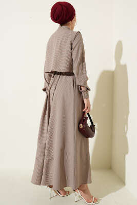 Yelekli Pötikare Desen Kuşaklı Elbise Lacivert - Elbise