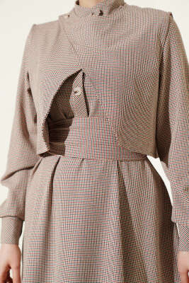 Yelekli Pötikare Desen Kuşaklı Elbise Lacivert - Elbise