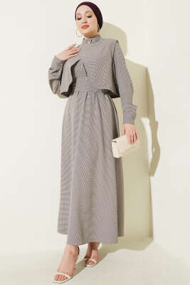 Yelekli Pötikare Desen Kuşaklı Elbise Lila - ZAMANE (QSS)