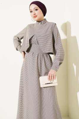 Yelekli Pötikare Desen Kuşaklı Elbise Lila - Elbise