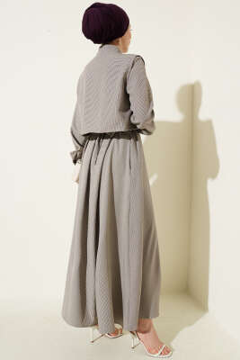 Yelekli Pötikare Desen Kuşaklı Elbise Lila - Elbise