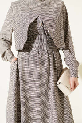 Yelekli Pötikare Desen Kuşaklı Elbise Lila - Elbise