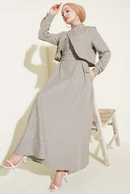 Yelekli Pötikare Desen Kuşaklı Elbise Siyah - ZAMANE (QSS)