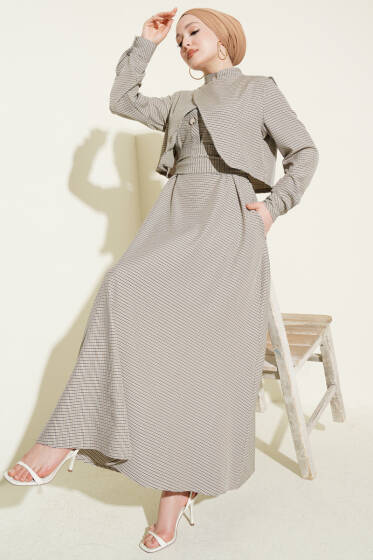 Yelekli Pötikare Desen Kuşaklı Elbise Siyah - Elbise