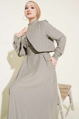 Yelekli Pötikare Desen Kuşaklı Elbise Siyah - Elbise