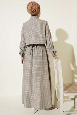 Yelekli Pötikare Desen Kuşaklı Elbise Siyah - Elbise