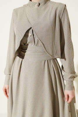 Yelekli Pötikare Desen Kuşaklı Elbise Siyah - Elbise