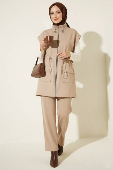 Yelekli Scuba İkili Takım Bej - İkili Takım