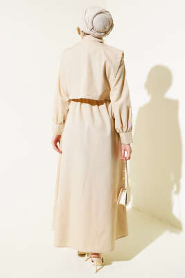 Yelekli Terikoton Elbise Bej - Tesettür Elbise