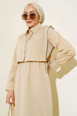 Yelekli Terikoton Elbise Bej - Tesettür Elbise