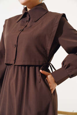 Yelekli Terikoton Elbise Kahve - Tesettür Elbise