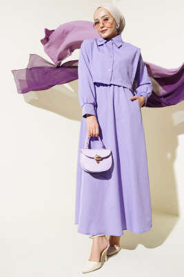 Yelekli Terikoton Elbise Lila - Tesettür Elbise