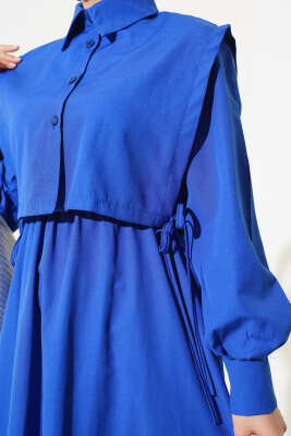 Yelekli Terikoton Elbise Saks - Tesettür Elbise