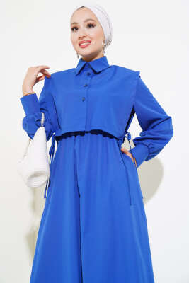 Yelekli Terikoton Elbise Saks - Tesettür Elbise