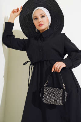 Yelekli Terikoton Elbise Siyah - Tesettür Elbise