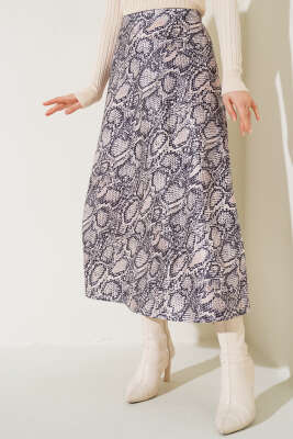 Yılan Derisi Desenli Saten Etek Bej - Uzun Etek