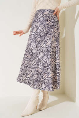 Yılan Derisi Desenli Saten Etek Bej - Uzun Etek
