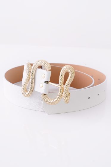 Yılan Detay Tokalı Beyaz Kemer - Deri Kemer