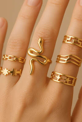 Yılan Figürlü 7'li Yüzük Seti Gold - DEMİR BİJUTERİ