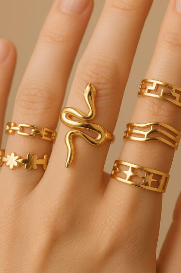 Yılan Figürlü 7'li Yüzük Seti Gold - Yüzük