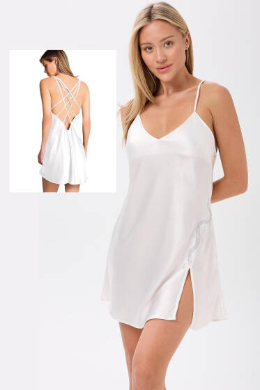 Yılan Taşlı Sırt Çapraz İpli Gecelik Beyaz - Pijama