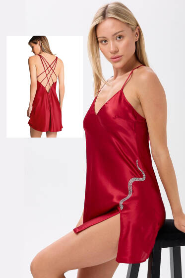 Yılan Taşlı Sırt Çapraz İpli Gecelik Bordo - Pijama