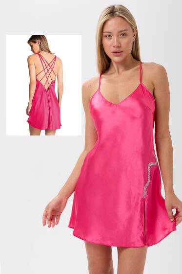 Yılan Taşlı Sırt Çapraz İpli Gecelik Fuşya - Pijama