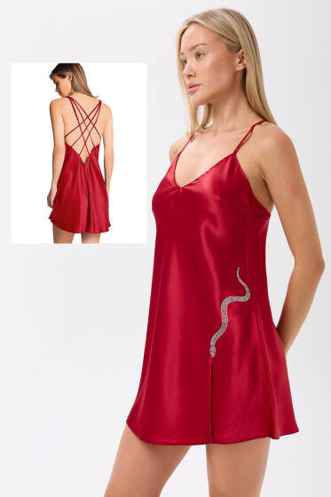 Yılan Taşlı Sırt Çapraz İpli Gecelik Kırmızı - Pijama
