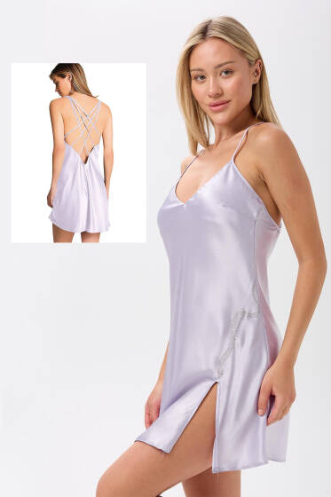 Yılan Taşlı Sırt Çapraz İpli Gecelik Lila - Pijama