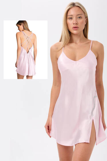 Yılan Taşlı Sırt Çapraz İpli Gecelik Pembe - Pijama