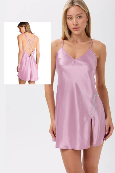 Yılan Taşlı Sırt Çapraz İpli Gecelik Pudra - Pijama