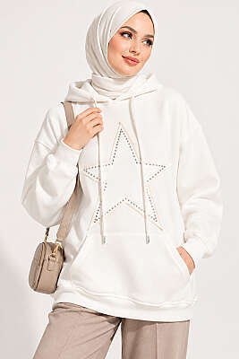 Yıldız Armalı Üç İplik Sweatshirt Ekru - HELLIE