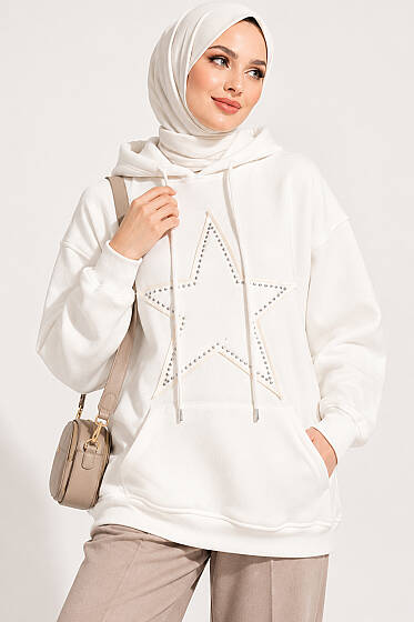 Yıldız Armalı Üç İplik Sweatshirt Ekru - Tunik