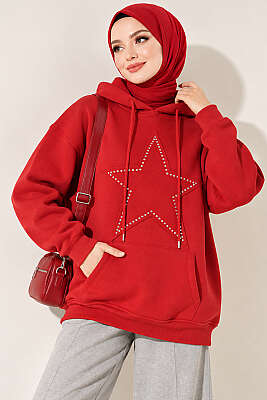 Yıldız Armalı Üç İplik Sweatshirt Kırmızı - HELLIE