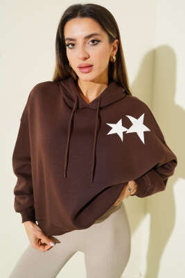 Yıldız Baskılı Kapüşonlu Şardonlu Sweat Kahve - ADYES