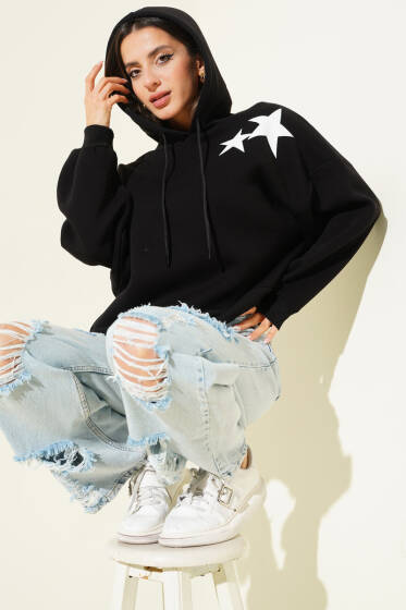Yıldız Baskılı Kapüşonlu Şardonlu Sweat Siyah - Kadın Giyim Modelleri