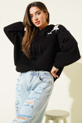 Yıldız Baskılı Kapüşonlu Şardonlu Sweat Siyah - Kadın Giyim Modelleri