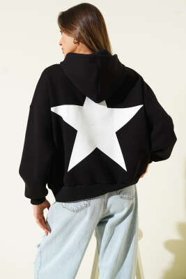 Yıldız Baskılı Kapüşonlu Şardonlu Sweat Siyah - Kadın Giyim Modelleri